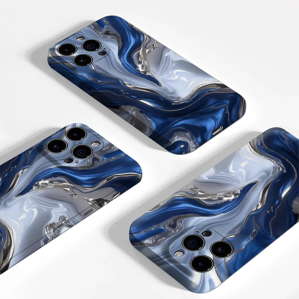 Blue and Silver Flow Texture Case for iPhone 17 16 15 14 13 12 Pro Max Plus