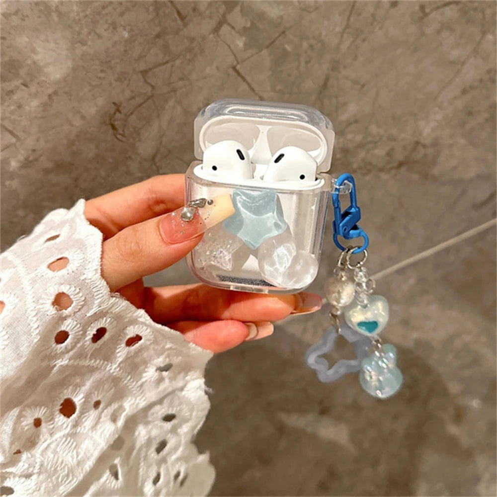 Cute 3D Star & Heart Clear Case with Bell for AirPods 1 2 3 Pro 2 Soft Cover