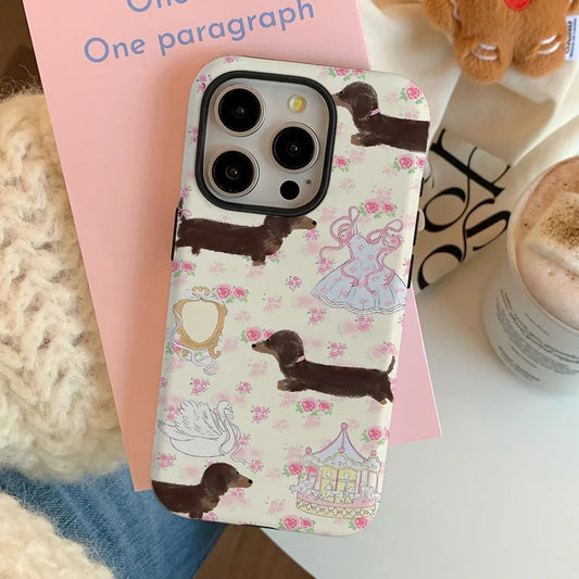 INS Floral Sausage Dog Case for iPhone 16 Pro Max 15 14 13 12 11 Pro Plus