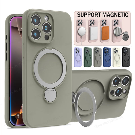 Liquid Silicone Magnetic Ring Holder Case for iPhone 15–16 Pro Max/Plus