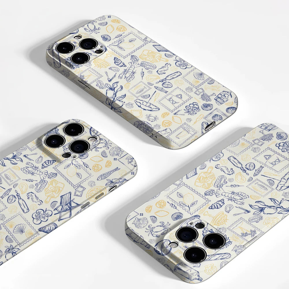 Blue Yellow Seaside Elements Case for iPhone 17 16 15 14 13 12 Pro Max Plus