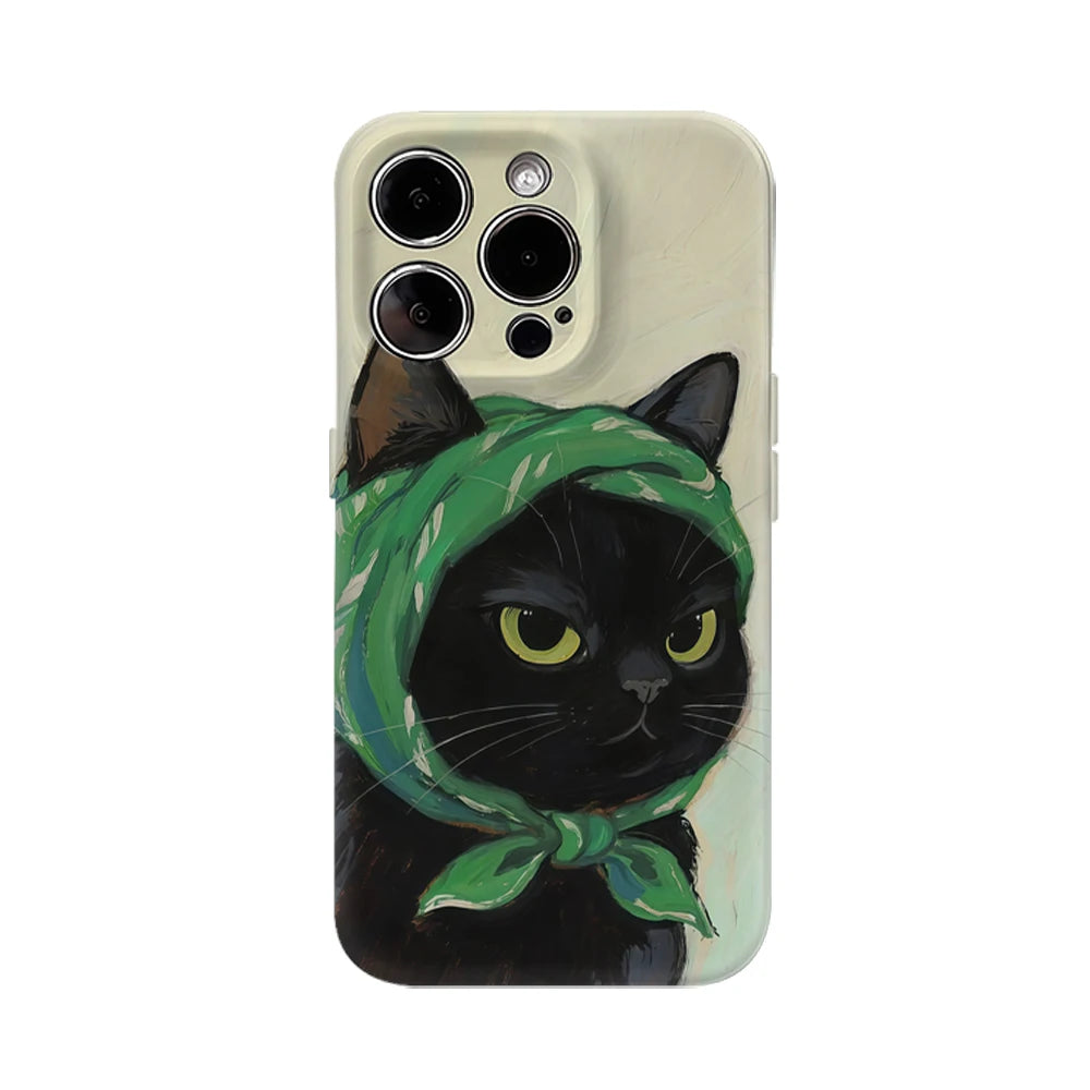 Black Cat Green Scarf Double-Layer Case for iPhone 17 16 15 14 13 12 Pro Max