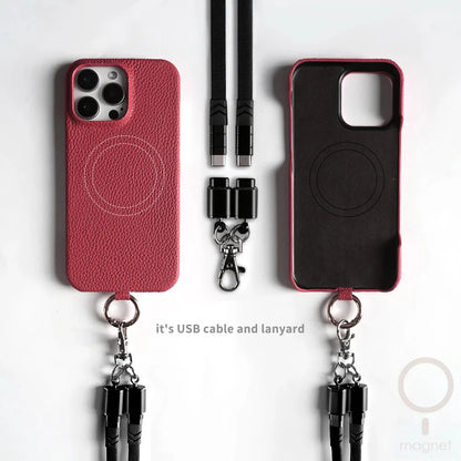 Leather MagSafe Case with USB Charging Lanyard for iPhone 13 12 11 Pro Max