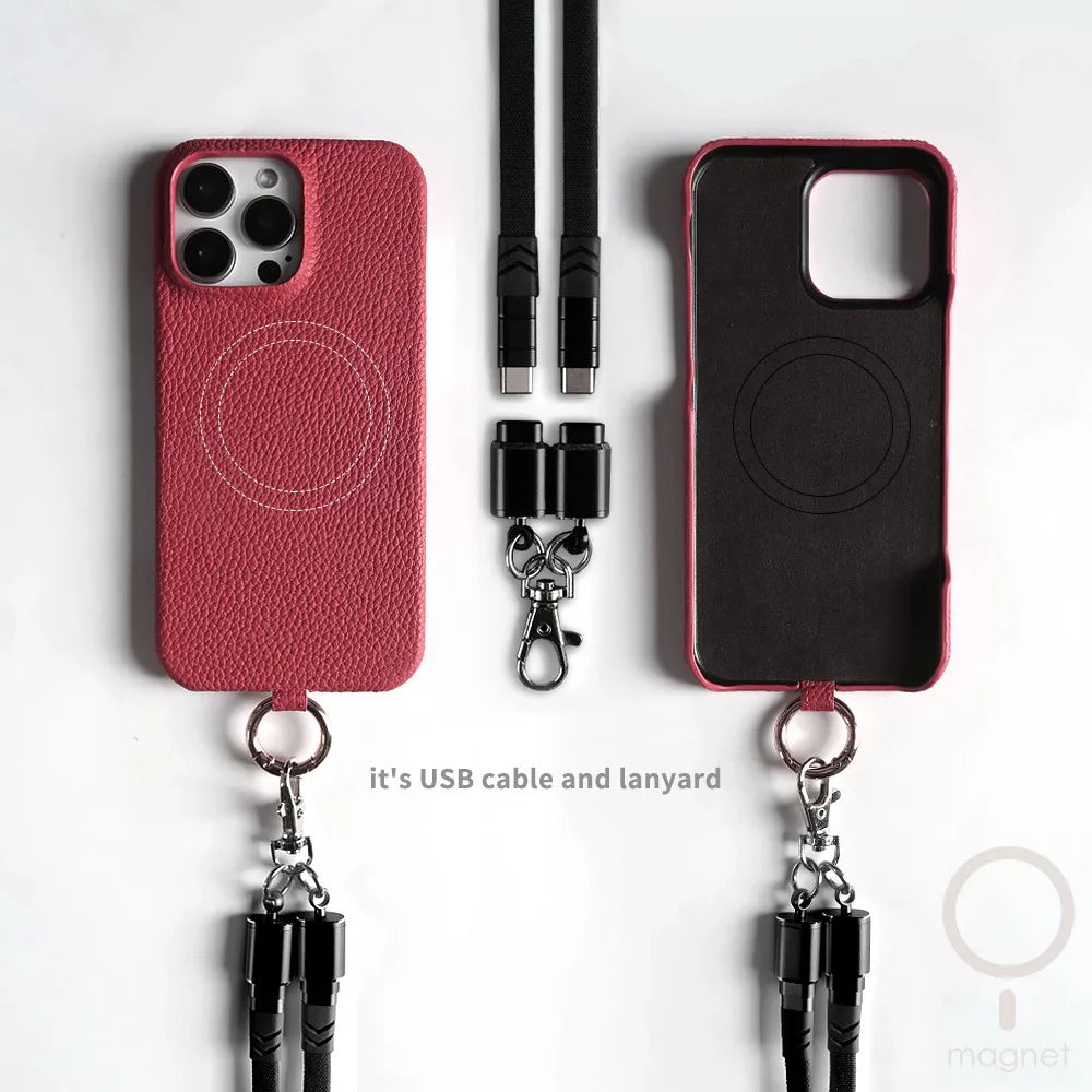 Leather MagSafe Case with USB Charging Lanyard for iPhone 16 Pro Max 15 14