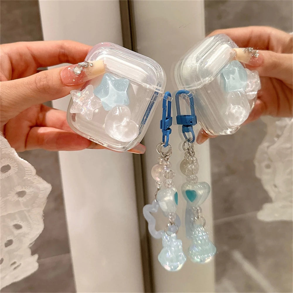 Cute 3D Star & Heart Clear Case with Bell for AirPods 1 2 3 Pro 2 Soft Cover