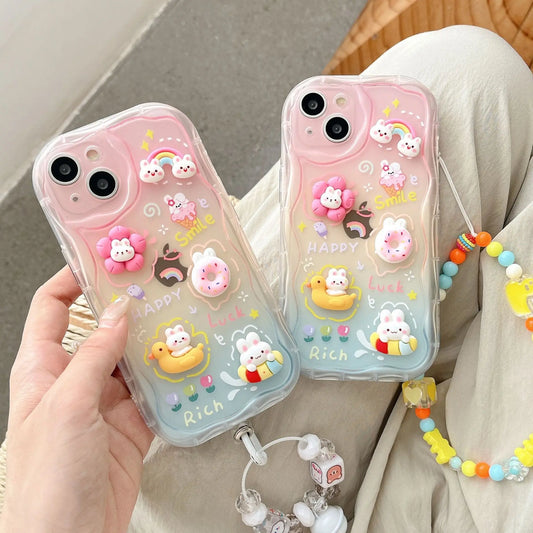 Soft Cartoon Rainbow Rabbit Phone Case for iPhone 16, 15, 14, 13, 12, 11 Pro Max