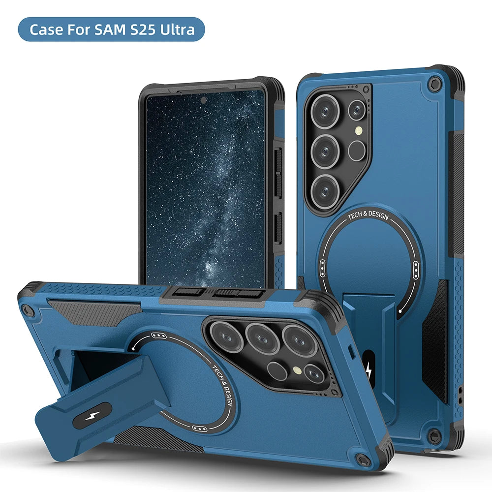 Foldable Magnetic Armor Case for Samsung S25 Ultra/S24 Plus with Stand & Wireless