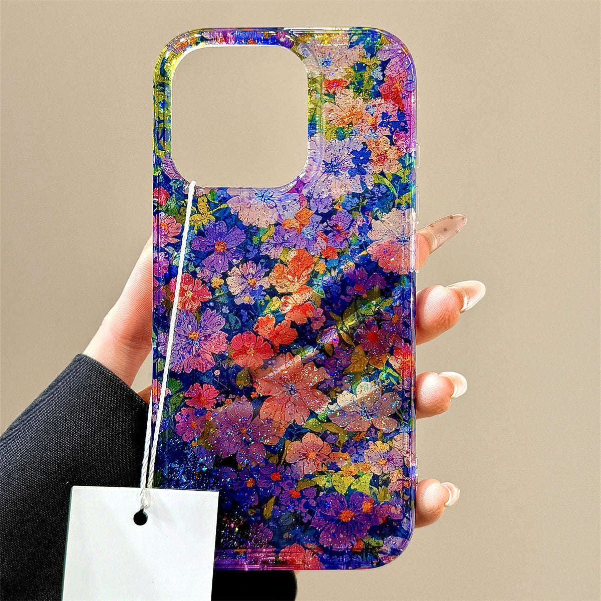 Retro Floral Oil Painting Phone Case for iPhone 16, 15, 14, 13 Pro Max, Sequins