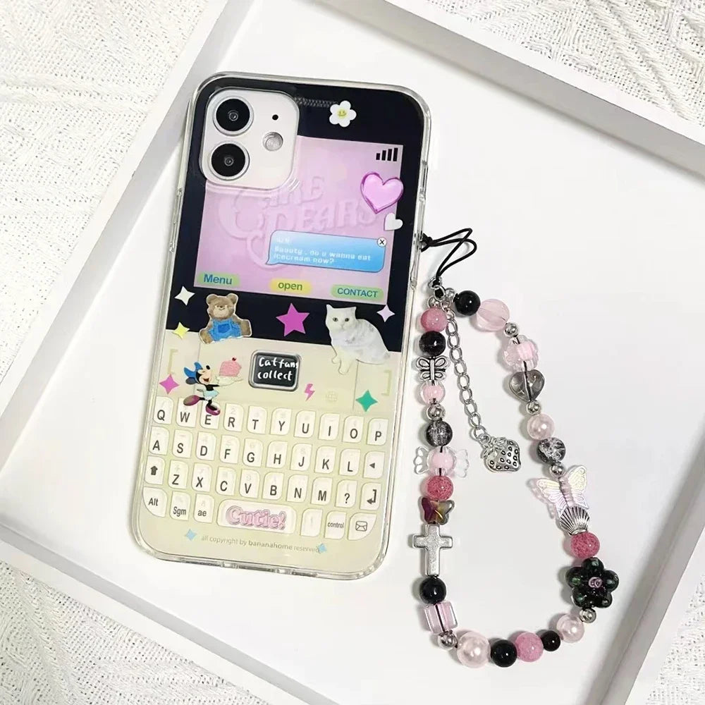 Y2K Pink Beaded Flower Butterfly Phone Charm Bracelet for iPhone