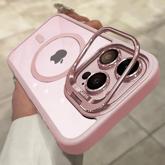 Transparent Magnetic MagSafe Case with Metal Lens Stand for iPhone 17 16 15