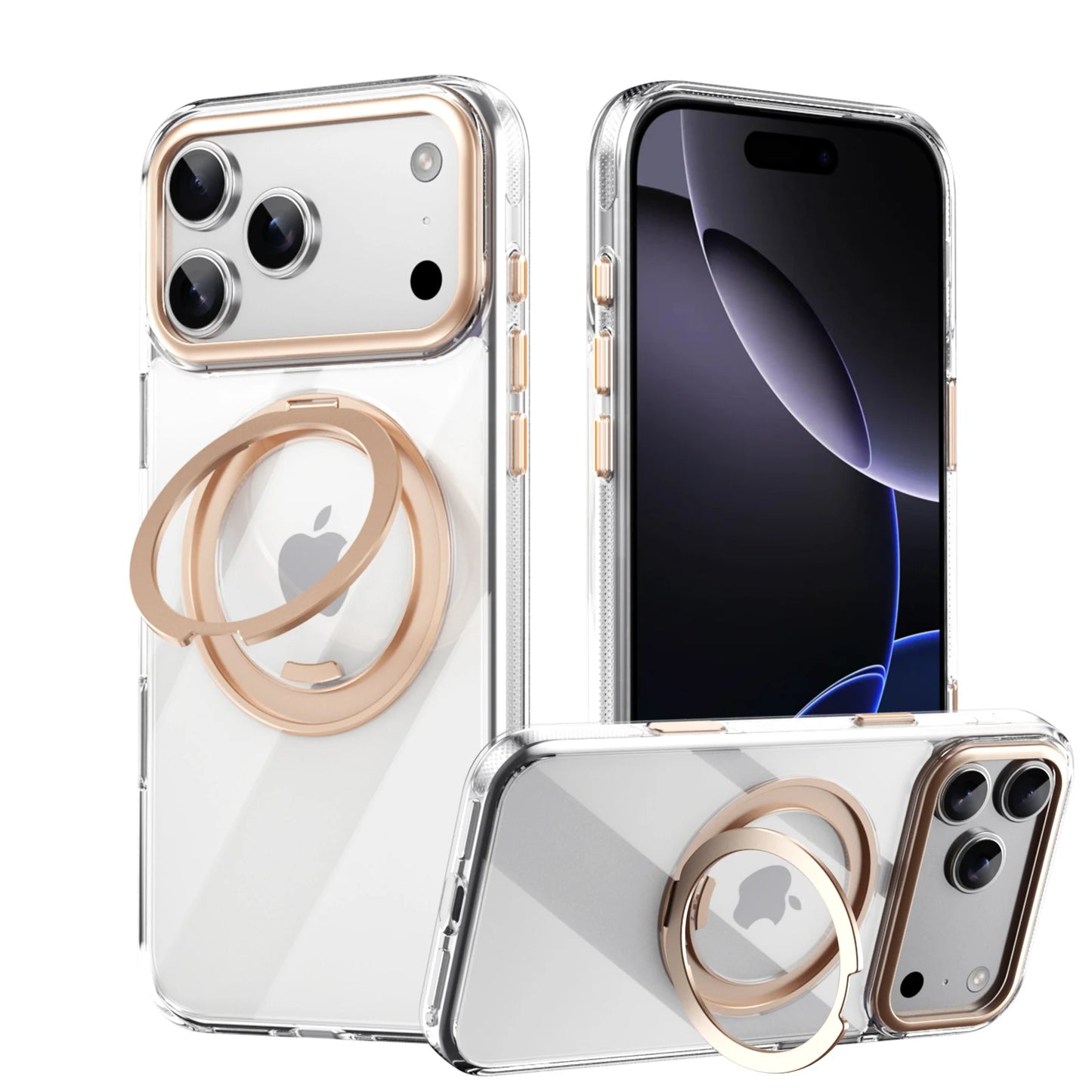 Transparent Magnetic Case for iPhone 17 Air 16 Plus 15 14 13 17 Pro Max 16e 360° Rotating Ring Holder Kickstand Cover LMD003
