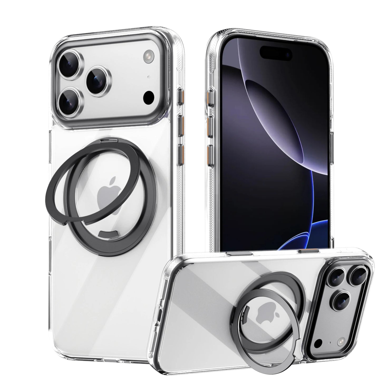 Transparent Magnetic Case for iPhone 17 Air 16 Plus 15 14 13 17 Pro Max 16e 360° Rotating Ring Holder Kickstand Cover LMD003