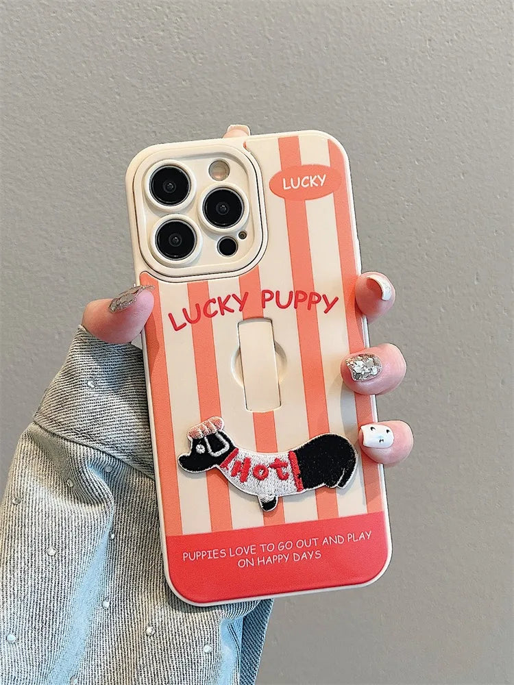 Cute Dachshund Ring Holder Case for iPhone 11–16 Pro Max – Stripe Design