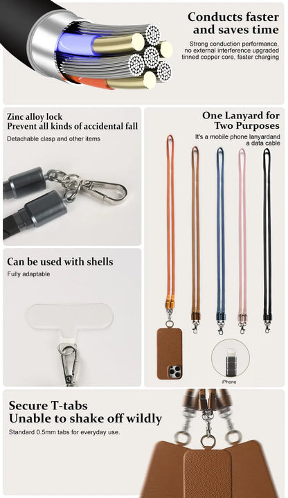 Leather MagSafe Case with USB Charging Lanyard for iPhone 16 Pro Max 15 14