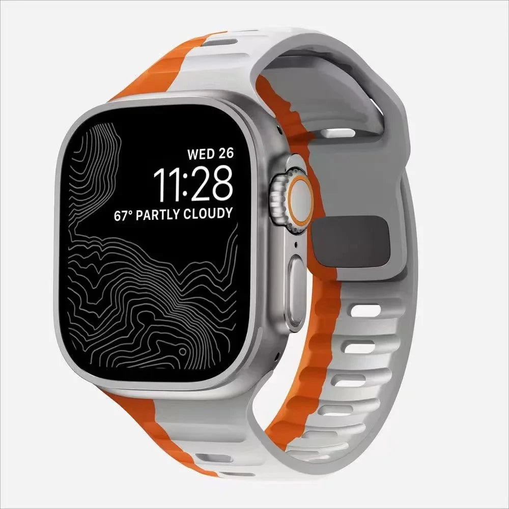 Durable and comfortable silicone strap compatible with Apple Watch Series 5–9 & Ultra.