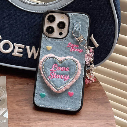 Denim Heart Pendant Case for iPhone 15 14 13 12 11 Pro Max Soft Bumper