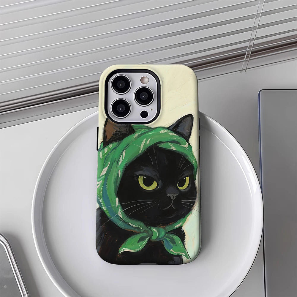 Black Cat Green Scarf Double-Layer Case for iPhone 17 16 15 14 13 12 Pro Max