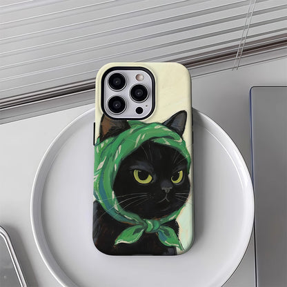 Black Cat Green Scarf Double-Layer Case for iPhone 17 16 15 14 13 12 Pro Max