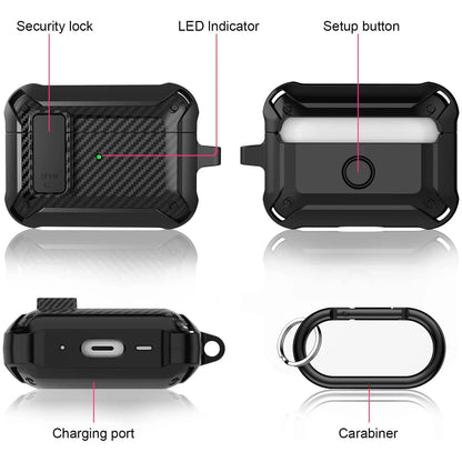 Carbon Fiber Hard Shell Case with Secure Lock Clip & Keychain for AirPods 1–3