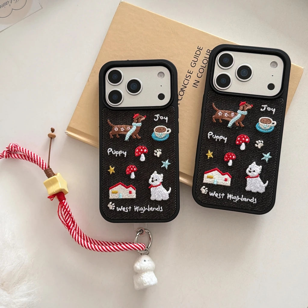 Cute Denim Embroidered Dachshund Phone Case with Lanyard for iPhone 17–14