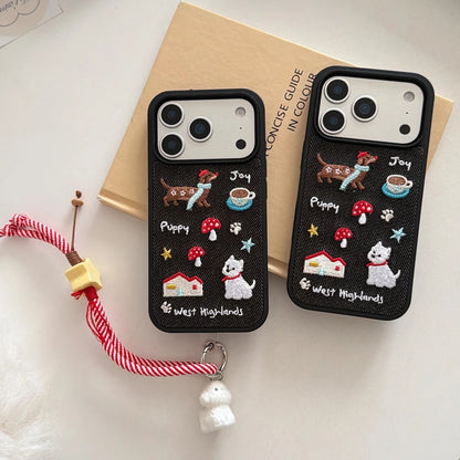 Cute Denim Embroidered Dachshund Phone Case with Lanyard for iPhone 17–14