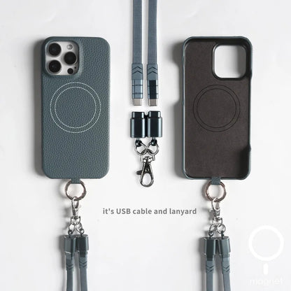 Leather MagSafe Case with USB Charging Lanyard for iPhone 16 Pro Max 15 14