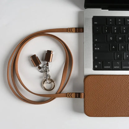 Leather MagSafe Case with USB Charging Lanyard for iPhone 16 Pro Max 15 14