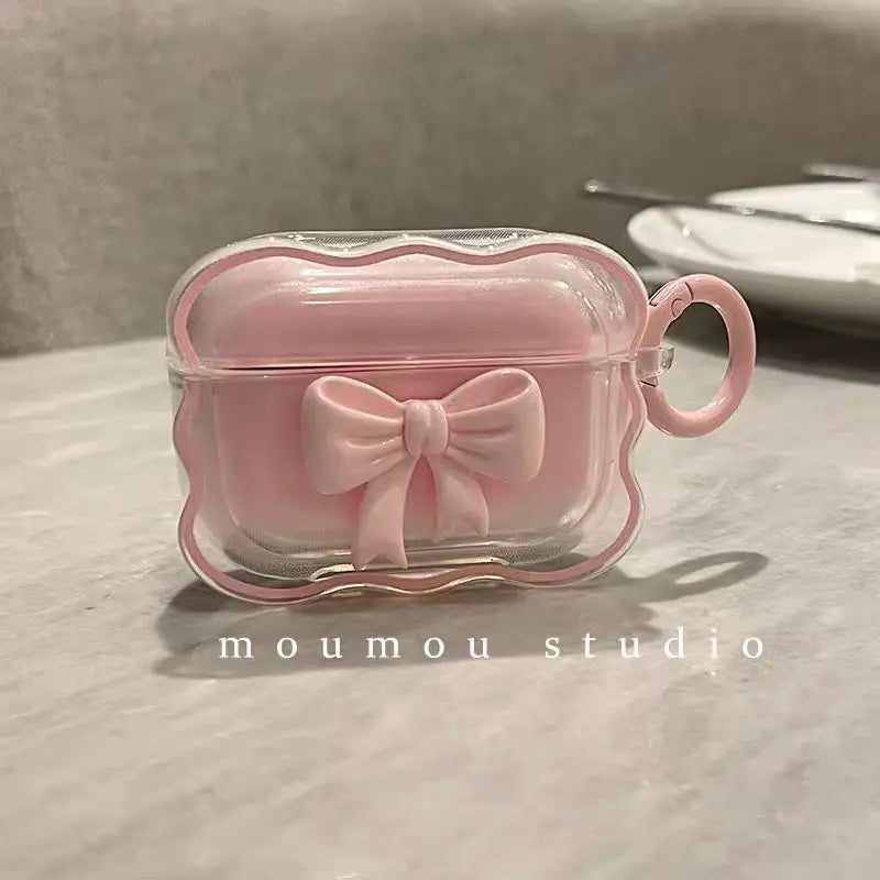 3D Bow Wave Pink Floral Case with Keychain for AirPods 1 2 3 4 Pro Wireless