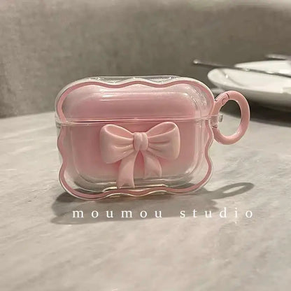 3D Bow Wave Pink Floral Case with Keychain for AirPods 1 2 3 4 Pro Wireless