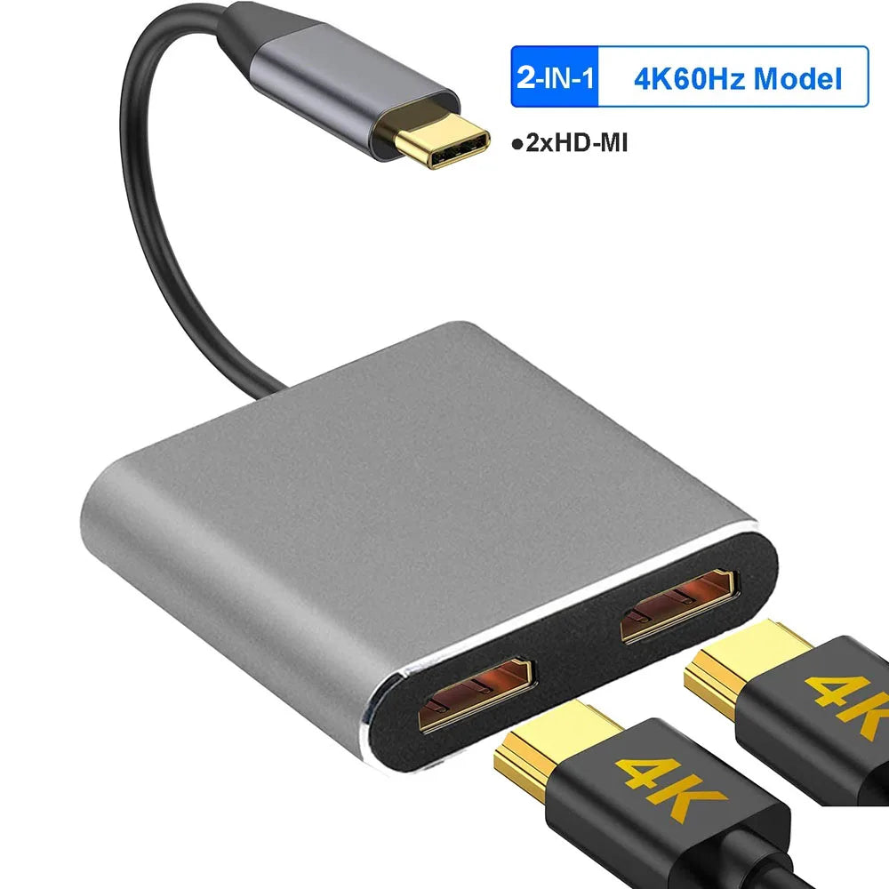 4-in-1 USB-C Docking Station Dual HDMI 4K@60Hz Adapter USB 3.0 HUB Splitter