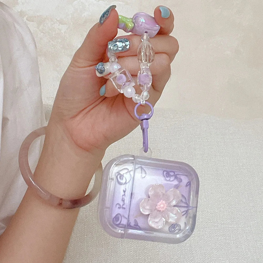 3D Flower Soft TPU AirPods Case for Pro 2/4, 1–4 – Purple Rose with Keychain