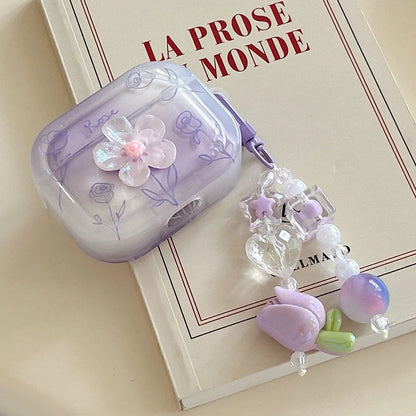 3D Flower Soft TPU AirPods Case for Pro 2/4, 1–4 – Purple Rose with Keychain