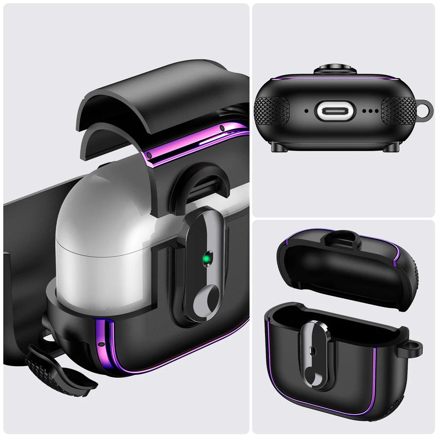 Armor Locking Earphone Case for AirPods 2/3/Pro/4 with Purple Stripes