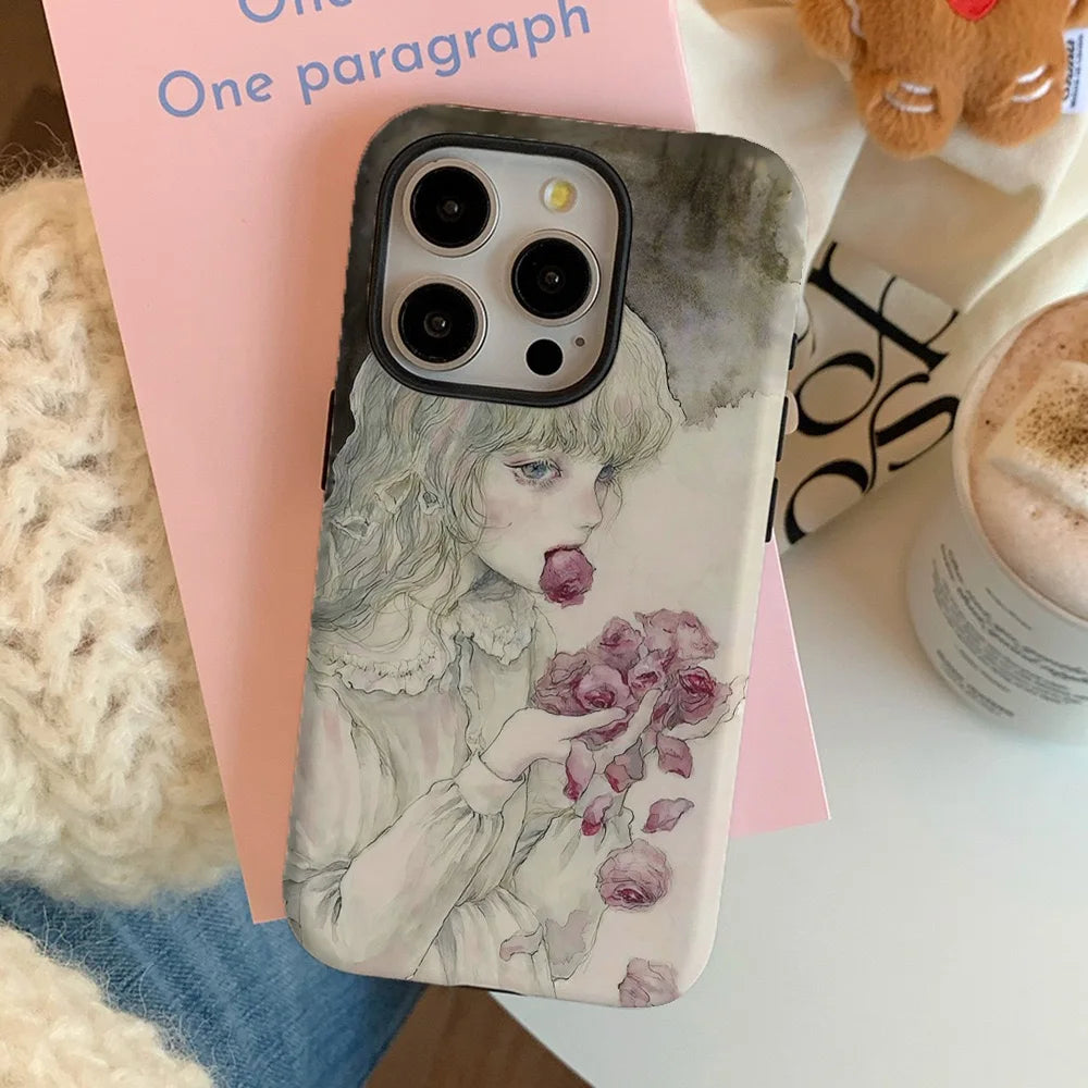Two-in-One Magnetic Manga Purple Flowers iPhone Case