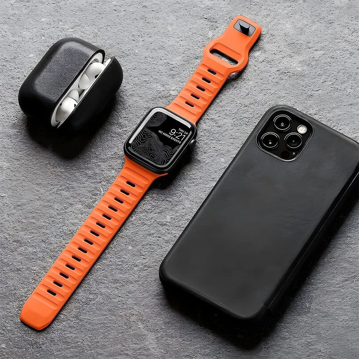 Durable and comfortable silicone strap compatible with Apple Watch Series 5–9 & Ultra.