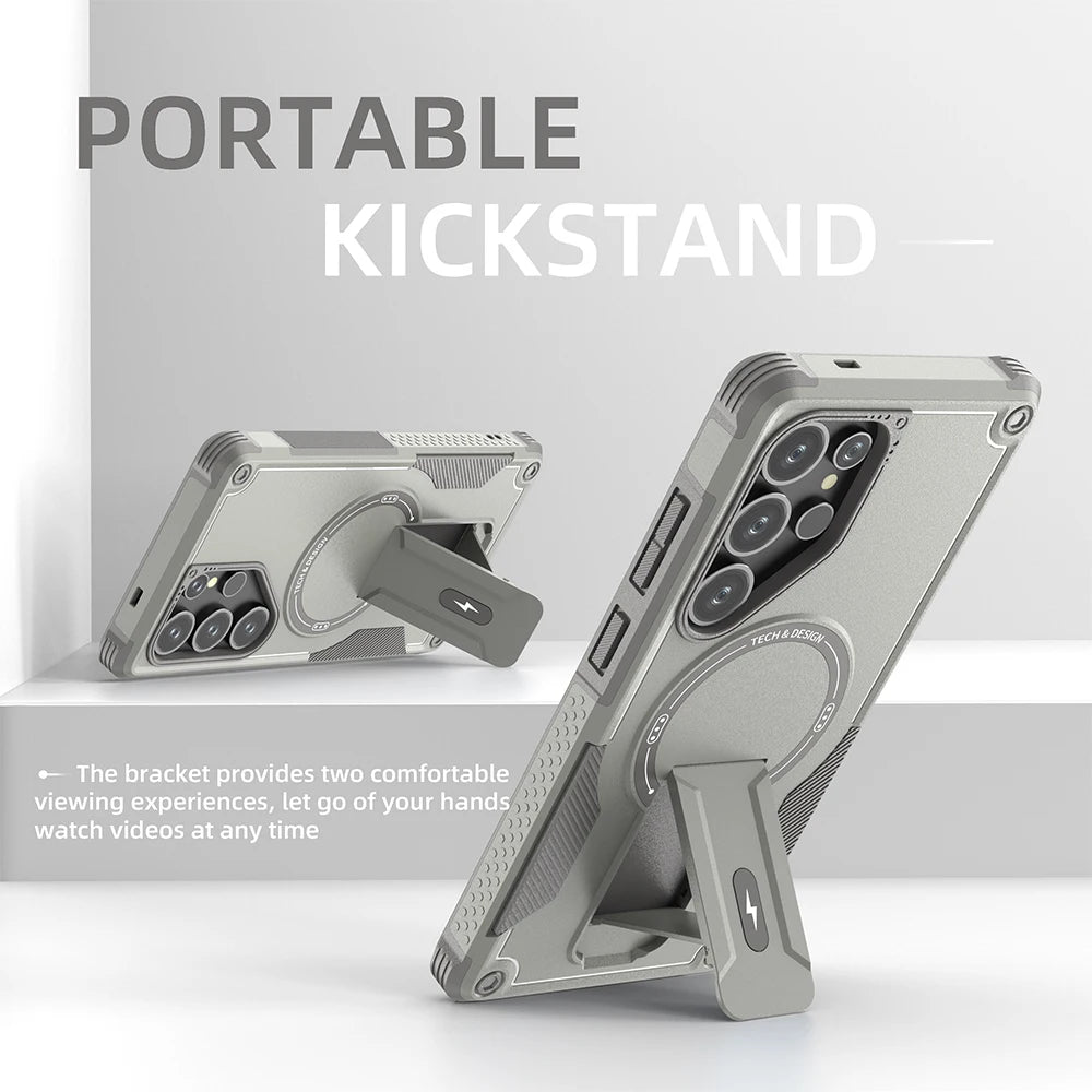 Foldable Magnetic Armor Case for Samsung S25 Ultra/S24 Plus with Stand & Wireless