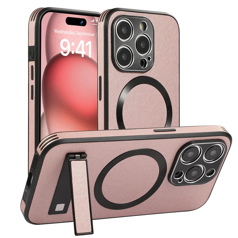 Luxury Magnetic Leather Stand Case for iPhone 17/16/15 Pro Max – MagSafe Ready