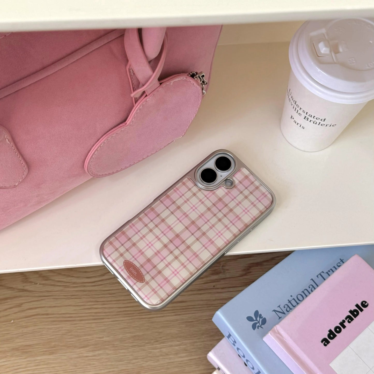 Korean Girly Checker Pattern Electroplated Leather Texture Case for iPhone 16 15 14 Pro Max