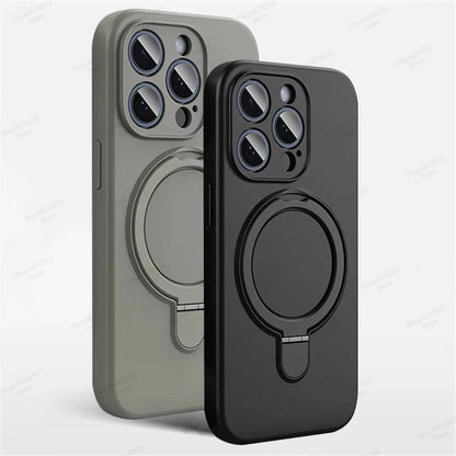 Magnetic Silicone Case with Kickstand Ring for iPhone 15 16 Pro Max Plus