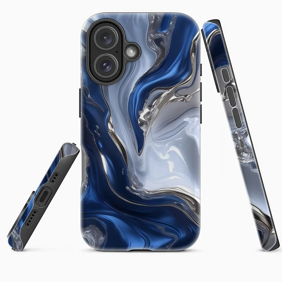 Blue and Silver Flow Texture Case for iPhone 17 16 15 14 13 12 Pro Max Plus