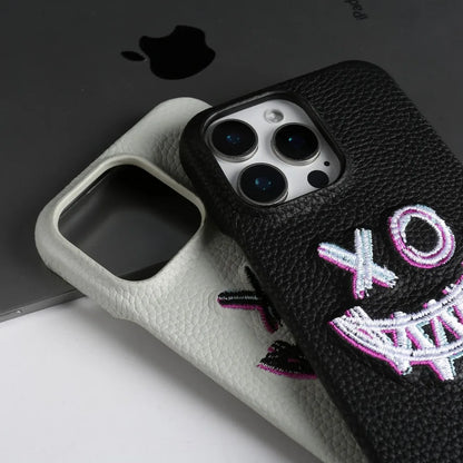Stylish Embroidered Genuine Leather Case for iPhone 16 Pro Max to 11