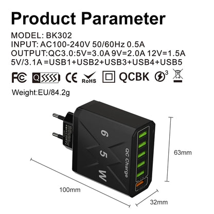 65W 6-Port USB Fast Charger QC3.0 Travel Adapter for iPhone Samsung Xiaomi