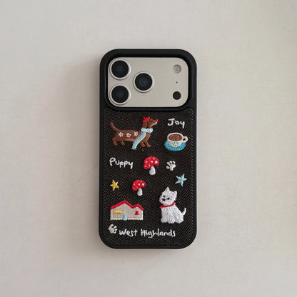 Cute Denim Embroidered Dachshund Phone Case with Lanyard for iPhone 17–14