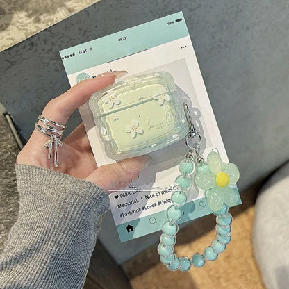 Cute Green Flower AirPods Case | Soft TPU Protective Cover with Hook