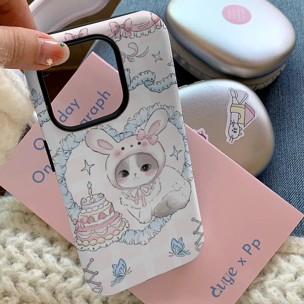 INS Rabbit Birthday Cake Case for iPhone 15 Pro Max 14 13 12 11 XR Acrylic TPU