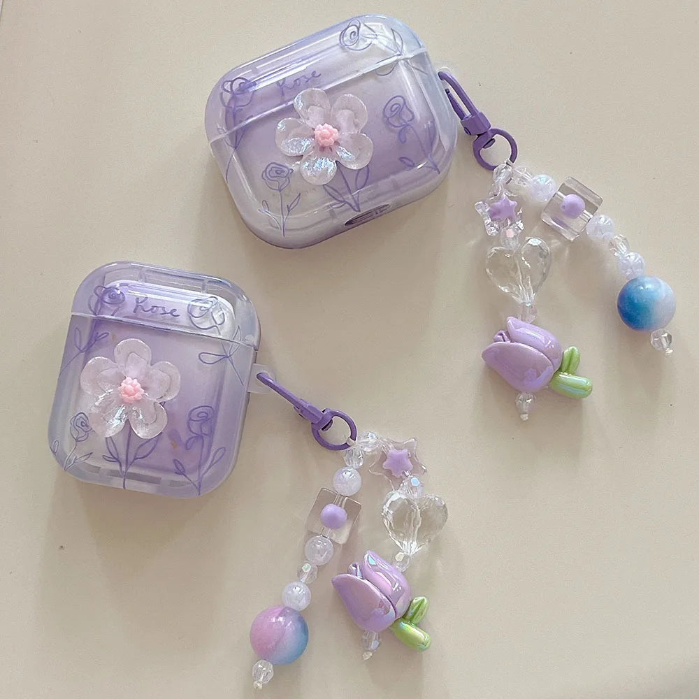 3D Flower Soft TPU AirPods Case for Pro 2/4, 1–4 – Purple Rose with Keychain