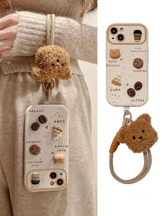 Cute Bear Coffee Phone Case with Lanyard for iPhone 11–15 Pro Max