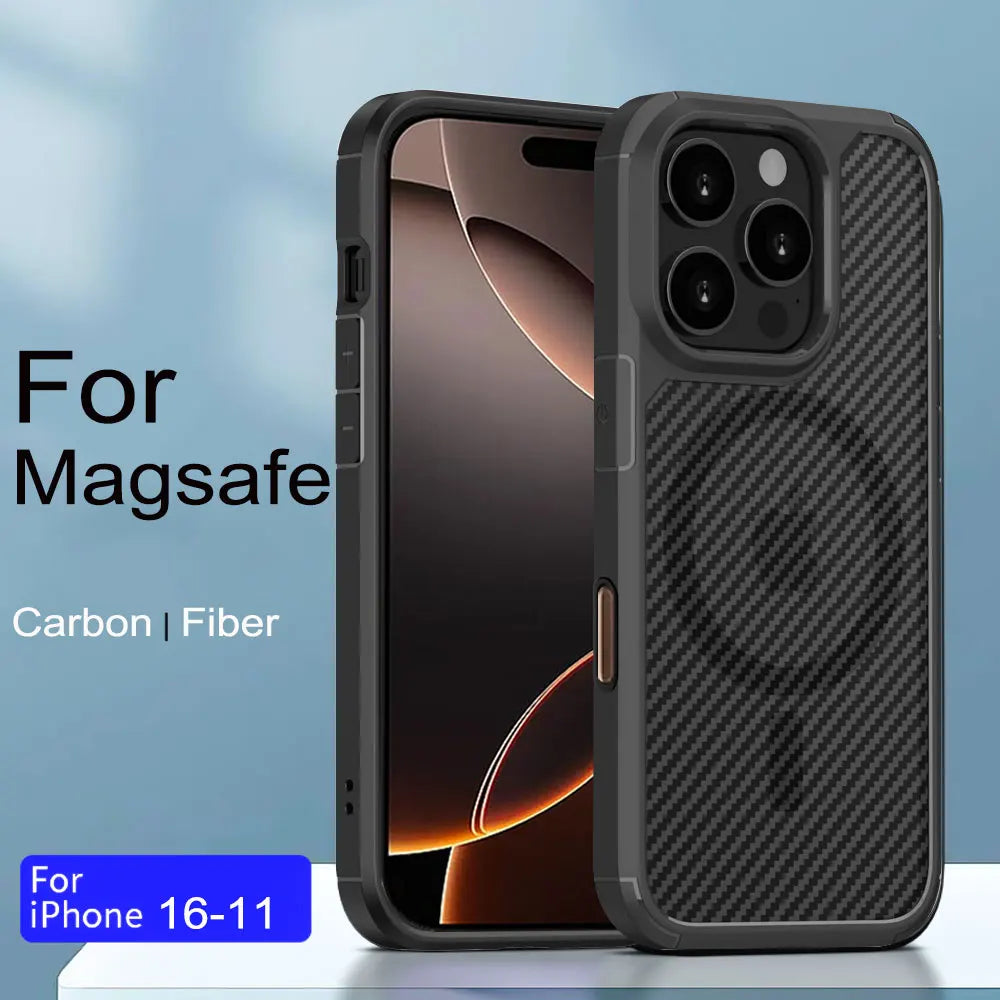 MagSafe Carbon Fiber Shockproof Case for iPhone 16–11 Pro Max & 16 Plus