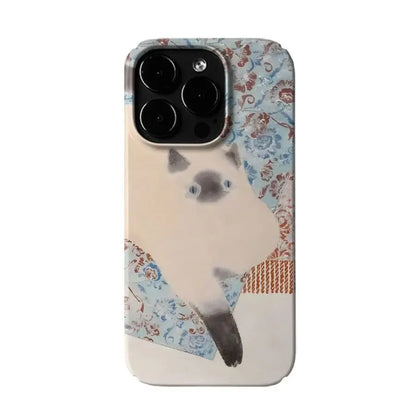 Vintage INS Oil Painting Siamese Cat Phone Case for iPhone 11–16 Pro Max