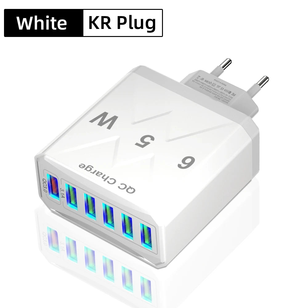 65W 6-Port USB Fast Charger QC3.0 Travel Adapter for iPhone Samsung Xiaomi